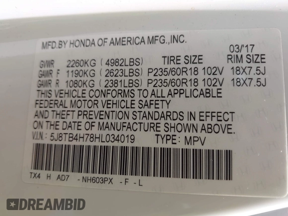 2017 Acura RDX Advance with VIN 5J8TB4H78HL034019, listed as a IAAI auction lot 42160962 with 78,662 mi miles and . Bid and sale history available at DreamBid. Image 9.
