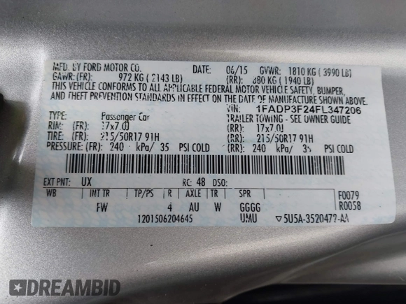 2015 Ford Focus SE with VIN 1FADP3F24FL347206, listed as a IAAI auction lot 41941987 with 96,473 mi miles and . Bid and sale history available at DreamBid. Image 9.