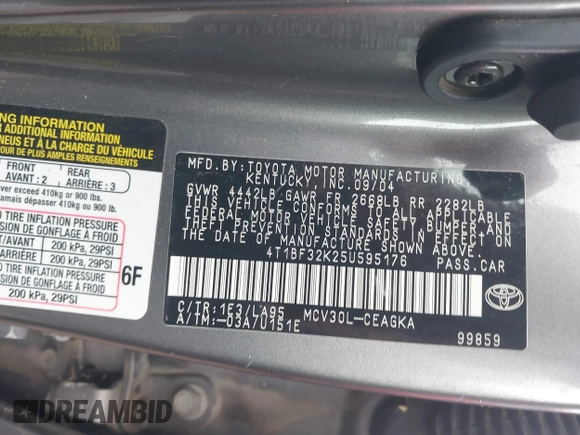 2005 Toyota Camry LE with VIN 4T1BF32K25U595176, listed as a IAAI auction lot 41932171 with 203,956 mi miles and . Bid and sale history available at DreamBid. Image 9.