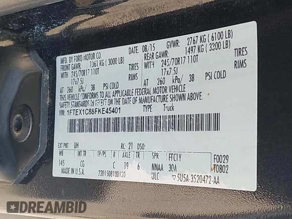 2015 Ford F-150 XL with VIN 1FTEX1C88FKE45401, listed as a IAAI auction lot 42667833 with 250,866 mi miles and . Bid and sale history available at DreamBid. Image 9.