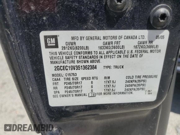 2005 Chevrolet Silverado 1500 LS with VIN 2GCEC19V351362384, listed as a Copart auction lot 54564485 with 78,349 mi miles and Salvage Title. Bid and sale history available at DreamBid. Image 12.