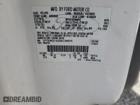 2005 Ford F-250 XL with VIN 1FTSW21535EC49075, listed as a Copart auction lot 49804265 with 31,506 mi miles and Salvage title. Bid and sale history available at DreamBid. Image 12.