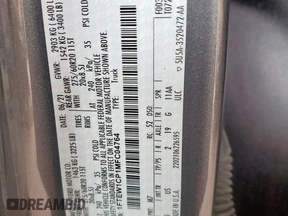 2021 Ford F-150 XL with VIN 1FTEW1CP1MFC04764, listed as a Copart auction lot 59572975 with 61,576 mi miles and Salvage title. Bid and sale history available at DreamBid. Image 12.