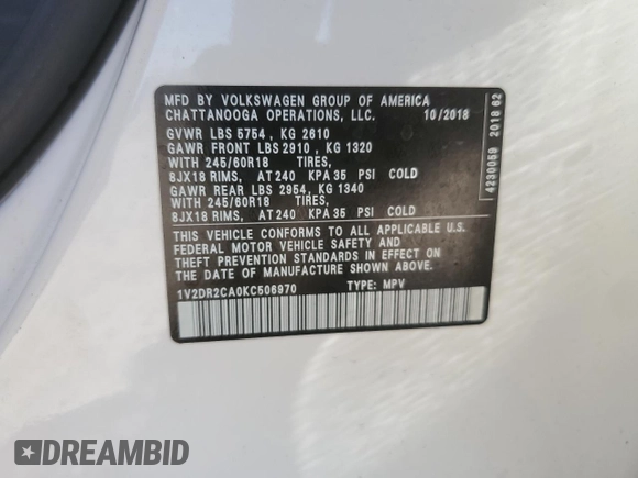 2019 Volkswagen Atlas SE with VIN 1V2DR2CA0KC506970, listed as a Copart auction lot 43839485 with 137,618 mi miles and Clean title. Bid and sale history available at DreamBid. Image 15.