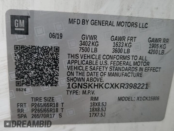 2019 Chevrolet Suburban LT z VIN 1GNSKHKCXKR398221, wystawiony jako Copart lot #50708995 z przebiegiem 139 654 mil mil oraz Szkoda całkowita • Salvage title. Historia ofert i sprzedaży dostępna na DreamBid. Obrazek 13.