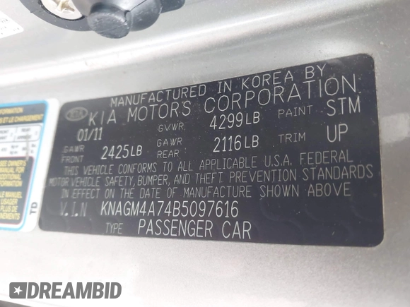2011 Kia Optima LX with VIN KNAGM4A74B5097616, listed as a IAAI auction lot 41997992 with 157,417 mi miles and . Bid and sale history available at DreamBid. Image 9.
