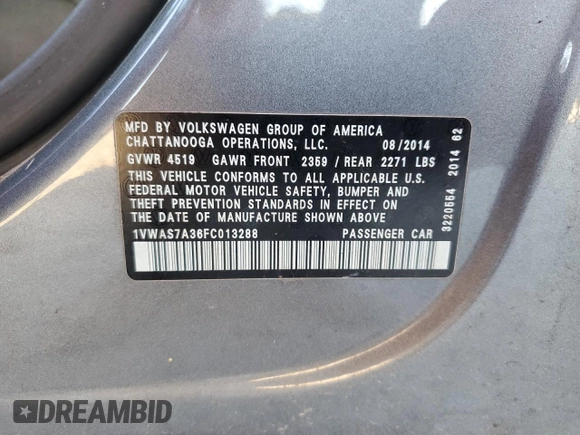 2015 Volkswagen Passat S with VIN 1VWAS7A36FC013288, listed as a Copart auction lot 76267614 with 145,434 mi miles and Salvage title. Bid and sale history available at DreamBid. Image 15.