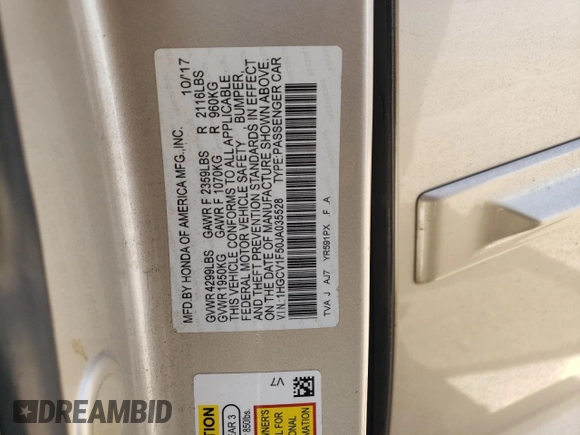 2018 Honda Accord EX-L z VIN 1HGCV1F50JA035528, wystawiony jako Copart lot #53730665 z przebiegiem 71 394 mil mil oraz Szkoda całkowita • Salvage title. Historia ofert i sprzedaży dostępna na DreamBid. Obrazek 12.