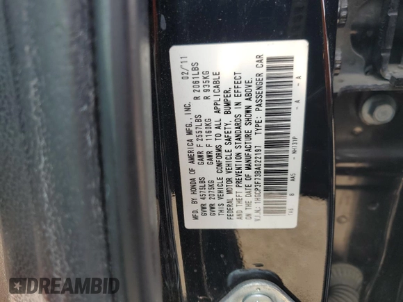 2011 Honda Accord EX with VIN 1HGCP3F73BA022197, listed as a Copart auction lot 54750875 with 144,217 mi miles and Salvage title. Bid and sale history available at DreamBid. Image 12.