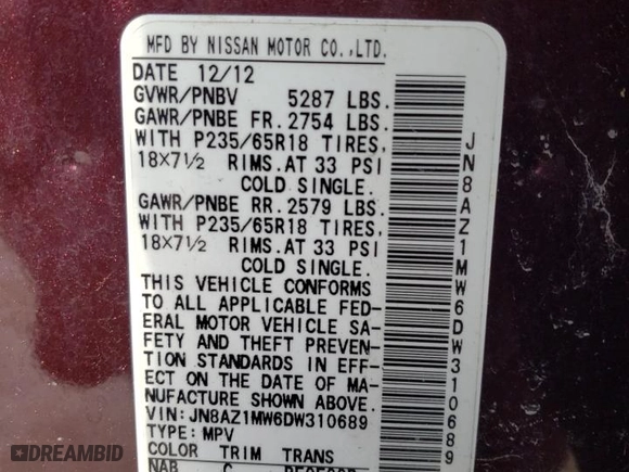 2013 Nissan Murano SL with VIN JN8AZ1MW6DW310689, listed as a Copart auction lot 42227565 with 108,834 mi miles and Clean Title. Bid and sale history available at carsss.com. Image 13.