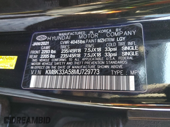 2021 Hyundai Kona Limited with VIN KM8K33A58MU729773, listed as a Copart auction lot 42916525 with 67,458 mi miles and Salvage Title. Bid and sale history available at carsss.com. Image 15.