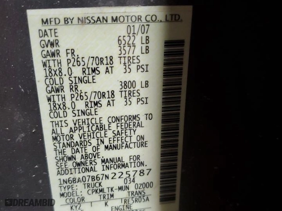 2007 Nissan Titan LE with VIN 1N6BA07B67N225787, listed as a Copart auction lot 46987835 with 211,755 mi miles and Salvage Title. Bid and sale history available at carsss.com. Image 13.