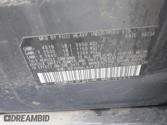 2015 Subaru Legacy Limited with VIN 4S3BNAL63F3002705, listed as a IAAI auction lot 42030597 with 168,753 mi miles and . Bid and sale history available at DreamBid. Image 9.