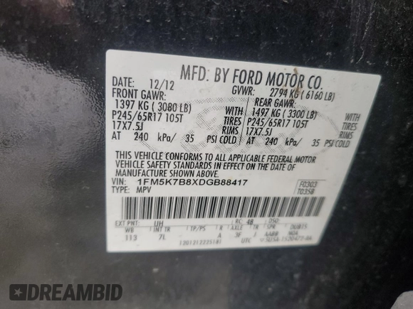 2013 Ford Explorer с VIN 1FM5K7B8XDGB88417, выставлен на аукционе Copart как лот 48409945 с пробегом 186 043 миль миль и Списание • Salvage title. История ставок и продаж доступна на DreamBid. Изображение 12.