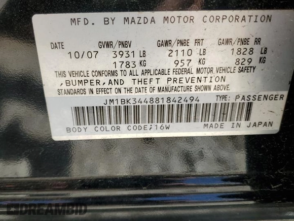 2008 Mazda 3 s GT *Ltd Avail* with VIN JM1BK344881842494, listed as a Copart auction lot 52361775 with 199,892 mi miles and Salvage Title. Bid and sale history available at carsss.com. Image 14.