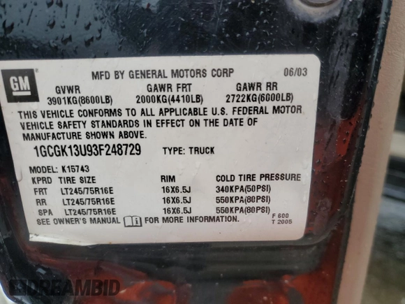 2003 Chevrolet Silverado 1500HD LS z VIN 1GCGK13U93F248729, wystawiony jako Copart lot #55568615 z przebiegiem 227 774 mil mil oraz Nie do naprawy • Non repairable. Historia ofert i sprzedaży dostępna na DreamBid. Obrazek 13.