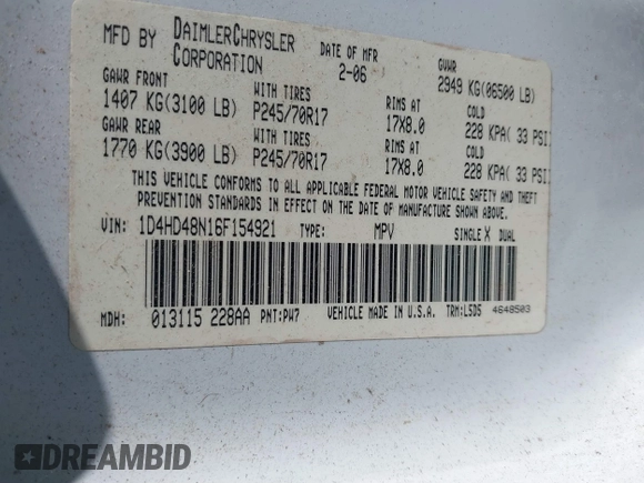 2006 Dodge Durango SLT with VIN 1D4HD48N16F154921, listed as a IAAI auction lot 41643037 with 201,218 mi miles and . Bid and sale history available at DreamBid. Image 9.