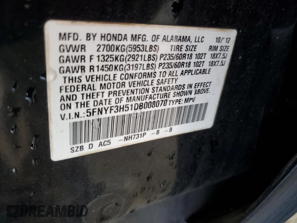 2013 Honda Pilot EX-L with VIN 5FNYF3H51DB008070, listed as a Copart auction lot 55034045 with 72,688 mi miles and Salvage Title. Bid and sale history available at DreamBid. Image 13.