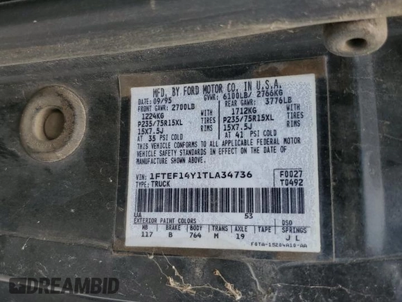 1996 Ford F-150 с VIN 1FTEF14Y1TLA34736, выставлен на аукционе Copart как лот 65546935 с пробегом Не указан миль и Чистый • Clean title. История ставок и продаж доступна на DreamBid. Изображение 12.