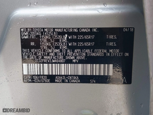 2018 Toyota RAV4 LE with VIN 2T3ZFREV2JW464807, listed as a IAAI auction lot 40966277 with 113,053 mi miles. Bid and sale history available at carsss.com. Image 9.