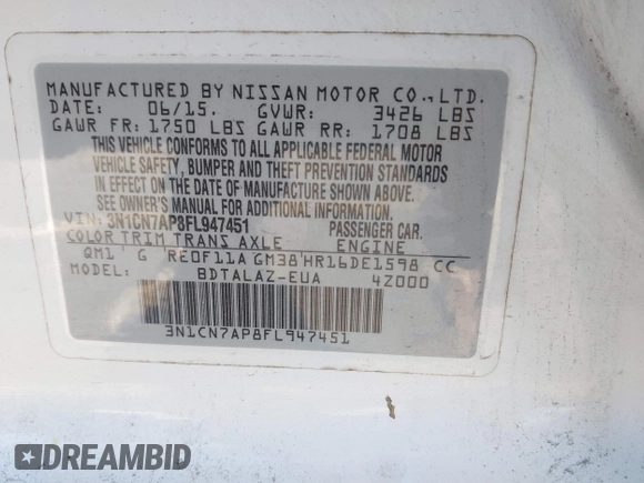 2015 Nissan Versa S Plus with VIN 3N1CN7AP8FL947451, listed as a IAAI auction lot 41824980 with 156,621 mi miles. Bid and sale history available at carsss.com. Image 9.