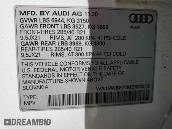 2021 Audi SQ7 Prestige z VIN WA1VWBF77MD022512, wystawiony jako Copart lot #65080404 z przebiegiem 43 506 mil mil oraz Szkoda całkowita • Salvage title. Historia ofert i sprzedaży dostępna na DreamBid. Obrazek 13.