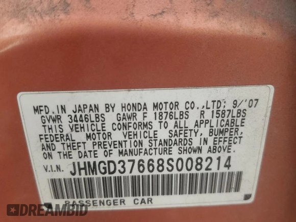 2008 Honda Fit Sport with VIN JHMGD37668S008214, listed as a Copart auction lot 70788574 with 306,614 mi miles and Salvage Title. Bid and sale history available at carsss.com. Image 13.