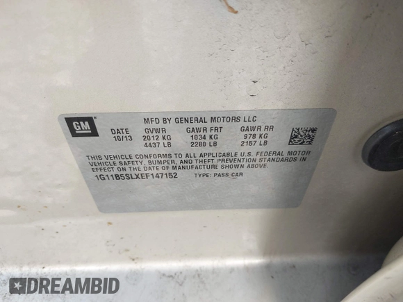 2014 Chevrolet Malibu LS with VIN 1G11B5SLXEF147152, listed as a IAAI auction lot 42217232 with 121,880 mi miles and . Bid and sale history available at DreamBid. Image 9.