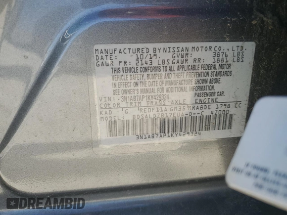 2019 Nissan Sentra SV with VIN 3N1AB7AP1KY429324, listed as a Copart auction lot 46637635 with 93,926 mi miles and Salvage Title. Bid and sale history available at DreamBid. Image 13.