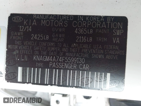 2015 Kia Optima LX with VIN KNAGM4A74F5599130, listed as a IAAI auction lot 42037576 with 177,067 mi miles. Bid and sale history available at carsss.com. Image 9.