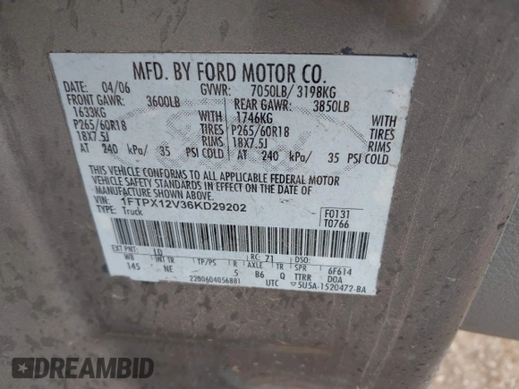 2006 Ford F-150 XL with VIN 1FTPX12V36KD29202, listed as a IAAI auction lot 41934506 with 227,402 mi miles. Bid and sale history available at carsss.com. Image 9.