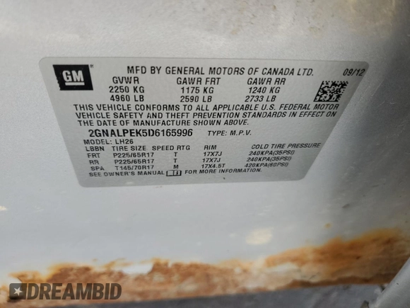 2013 Chevrolet Equinox LT z VIN 2GNALPEK5D6165996, wystawiony jako Copart lot #55729745 z przebiegiem 226 872 mil mil oraz Szkoda całkowita • Salvage title. Historia ofert i sprzedaży dostępna na DreamBid. Obrazek 13.