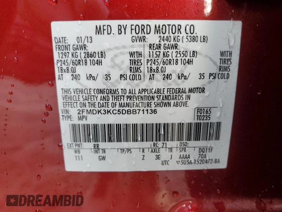 2013 Ford Edge Limited с VIN 2FMDK3KC5DBB71136, выставлен на аукционе Copart как лот 47306385 с пробегом 220 217 миль миль и Списание • Salvage title. История ставок и продаж доступна на DreamBid. Изображение 13.