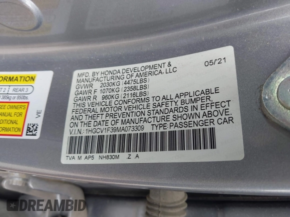 2021 Honda Accord Sport with VIN 1HGCV1F39MA073309, listed as a IAAI auction lot 42140600 with 96,551 mi miles and . Bid and sale history available at DreamBid. Image 9.