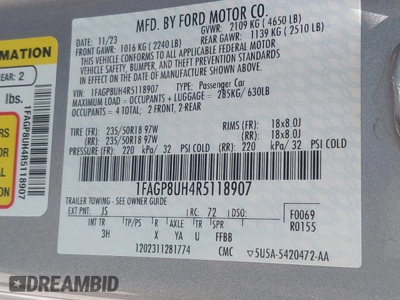 2024 Ford Mustang EcoBoost z VIN 1FAGP8UH4R5118907, wystawiony jako IAAI lot #42609174 z przebiegiem Nie podano mil oraz . Historia ofert i sprzedaży dostępna na DreamBid. Obrazek 9.