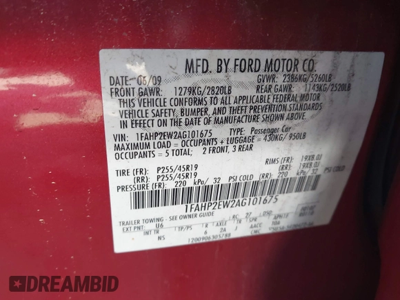 2010 Ford Taurus SEL с VIN 1FAHP2EW2AG101675, выставлен на аукционе IAAI как лот 42344960 с пробегом 182 165 миль миль и . История ставок и продаж доступна на DreamBid. Изображение 9.