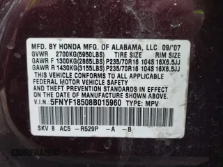 2008 Honda Pilot EX-L with VIN 5FNYF18508B015960, listed as a IAAI auction lot 41511626 with 207,141 mi miles. Bid and sale history available at carsss.com. Image 9.