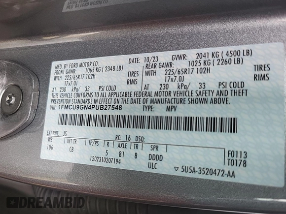 2023 Ford Escape Active with VIN 1FMCU9GN4PUB27548, listed as a IAAI auction lot 42890081 with 65,197 mi miles and . Bid and sale history available at DreamBid. Image 11.