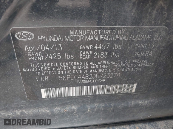 2013 Hyundai Sonata Limited with VIN 5NPEC4AB2DH723278, listed as a IAAI auction lot 41950463 with 161,704 mi miles and . Bid and sale history available at carsss.com. Image 9.