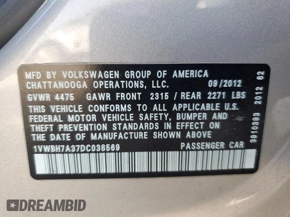 2013 Volkswagen Passat SE with VIN 1VWBH7A37DC038569, listed as a Copart auction lot 48790085 with 191,477 mi miles and Clean Title. Bid and sale history available at carsss.com. Image 13.
