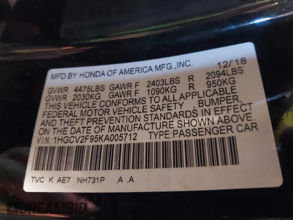 2019 Honda Accord Touring with VIN 1HGCV2F95KA005712, listed as a IAAI auction lot 42039624 with 110,229 mi miles and . Bid and sale history available at DreamBid. Image 9.