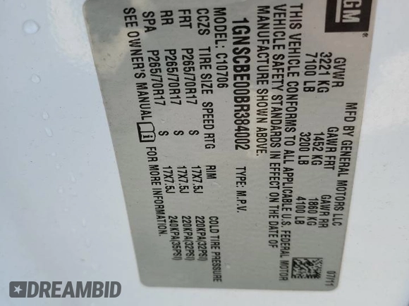 2011 Chevrolet Tahoe LT with VIN 1GNSCBE00BR384002, listed as a Copart auction lot 57985005 with 224,724 mi miles and Salvage title. Bid and sale history available at DreamBid. Image 13.