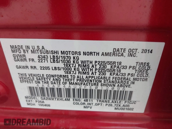 2015 Mitsubishi Outlander SE with VIN 4A4AP4AU2FE012096, listed as a IAAI auction lot 42173618 with 113,470 mi miles and . Bid and sale history available at DreamBid. Image 9.