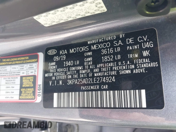 2020 Kia Rio S with VIN 3KPA25AD2LE274924, listed as a IAAI auction lot 39744291 with 20,613 mi miles and . Bid and sale history available at DreamBid. Image 9.