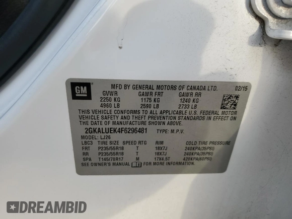 2015 GMC Terrain Denali with VIN 2GKALUEK4F6296481, listed as a Copart auction lot 87426554 with 66,962 mi miles and Salvage Title. Bid and sale history available at carsss.com. Image 13.