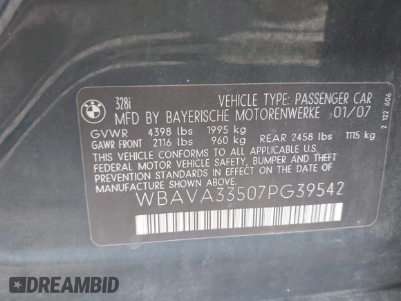 2007 BMW 3 Series 328i with VIN WBAVA33507PG39542, listed as a IAAI auction lot 42624478 with 127,350 mi miles and . Bid and sale history available at DreamBid. Image 9.