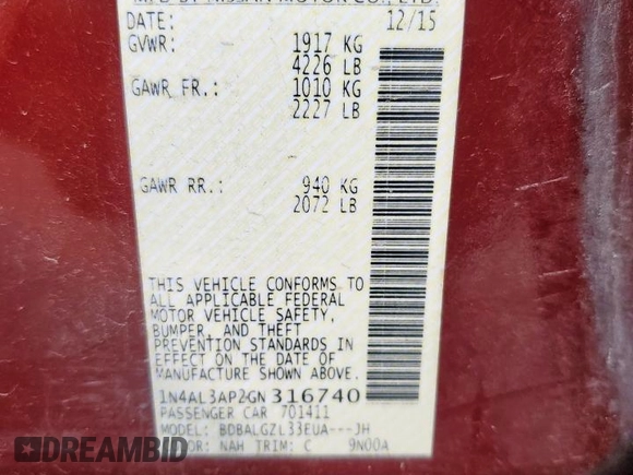2016 Nissan Altima S с VIN 1N4AL3AP2GN316740, выставлен на аукционе Copart как лот 57789965 с пробегом 119 050 миль миль и Чистый • Clean title. История ставок и продаж доступна на DreamBid. Изображение 12.
