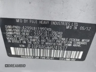 2012 Subaru Impreza 2.0i с VIN JF1GPAA62CH241637, выставлен на аукционе IAAI как лот 42426797 с пробегом 109 827 миль миль и . История ставок и продаж доступна на DreamBid. Изображение 9.