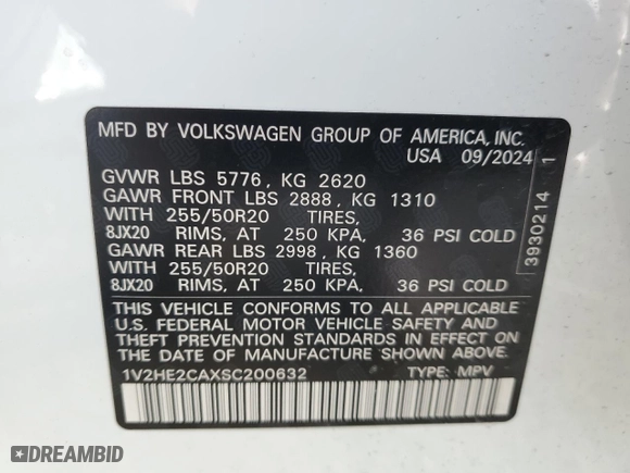 2025 Volkswagen Atlas Cross Sport 2.0T SE w/Technology with VIN 1V2HE2CAXSC200632, listed as a Copart auction lot 44408765 with 2,932 mi miles and Clean Title. Bid and sale history available at carsss.com. Image 12.