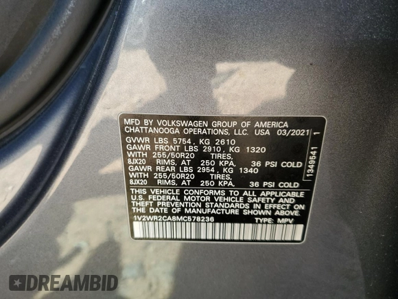 2021 Volkswagen Atlas SE with VIN 1V2WR2CA8MC578236, listed as a Copart auction lot 49133435 with 64,645 mi miles and Salvage title. Bid and sale history available at DreamBid. Image 15.